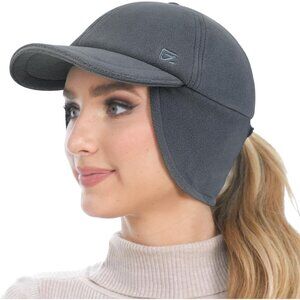 👑Women’s Dark Grey Fleece Winter Hat Reflective Ponytail Ear Flap